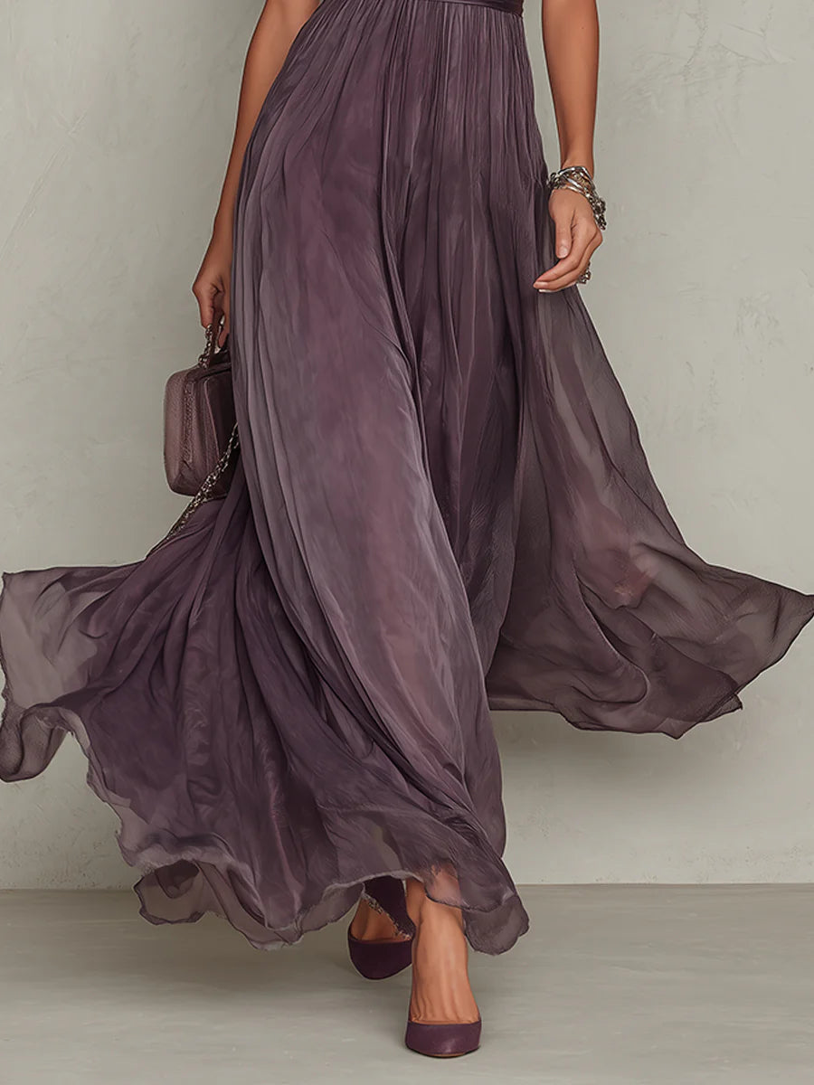 Flavia™ | Vestido largo morado con escote en gota y borde de encaje de chifón