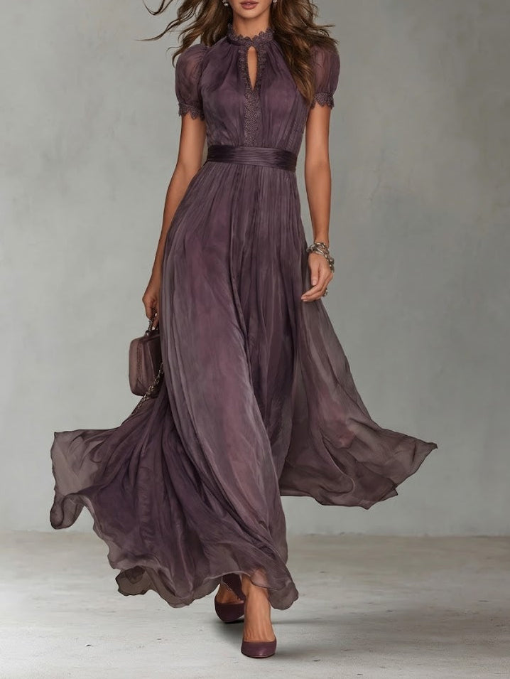Flavia™ | Vestido largo morado con escote en gota y borde de encaje de chifón
