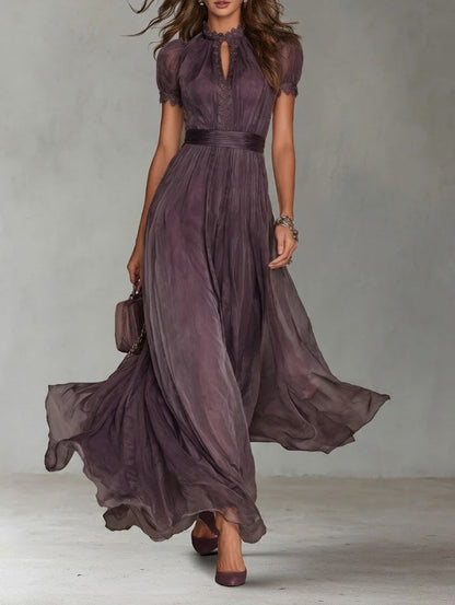 Flavia™ | Vestido largo morado con escote en gota y borde de encaje de chifón