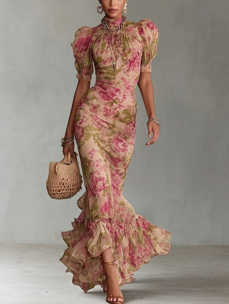 Rosario™ | Vestido largo con estampado vintage de rosas y mangas abullonadas