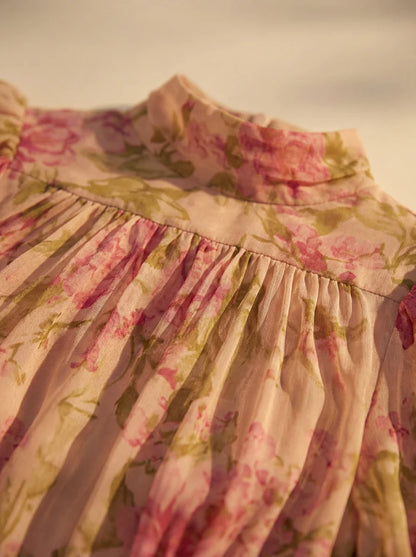 Rosario™ | Vestido largo con estampado vintage de rosas y mangas abullonadas