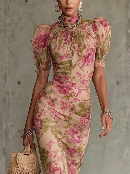 Rosario™ | Vestido largo con estampado vintage de rosas y mangas abullonadas