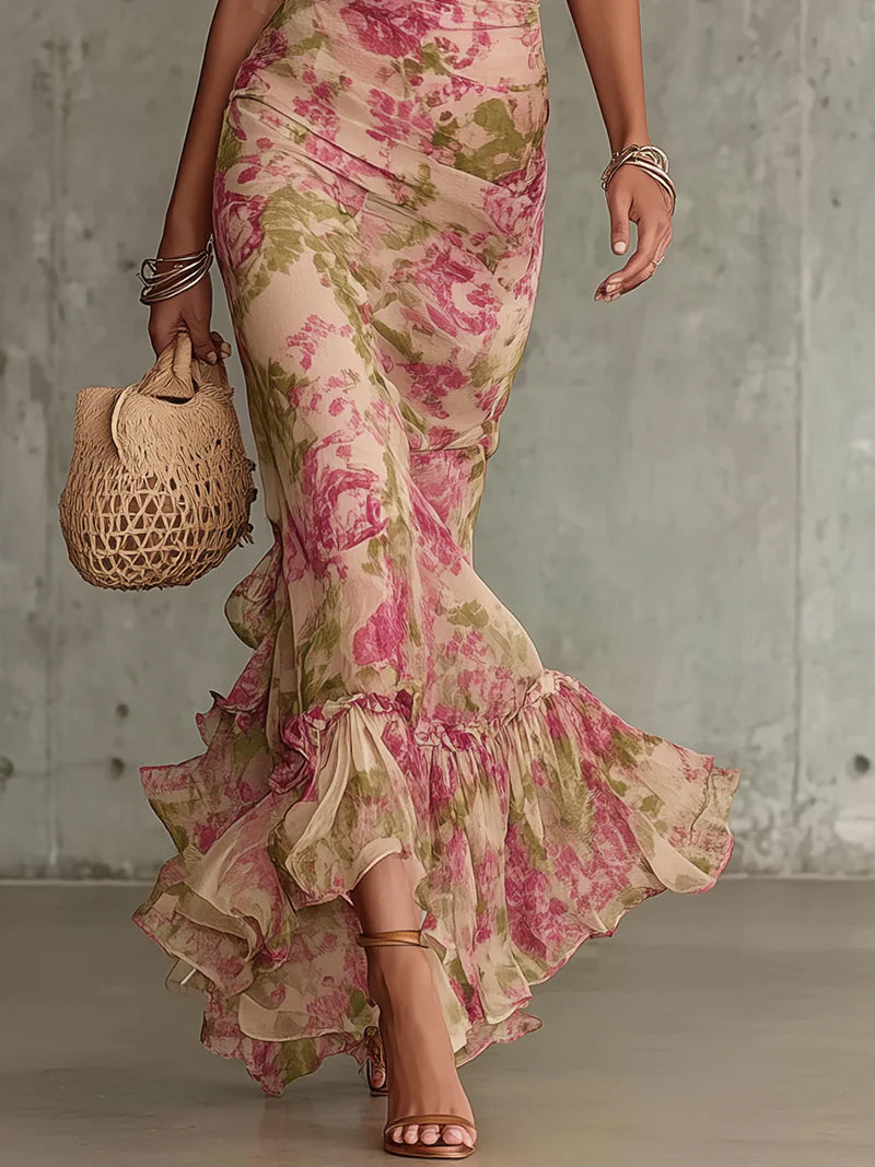 Rosario™ | Vestido largo con estampado vintage de rosas y mangas abullonadas