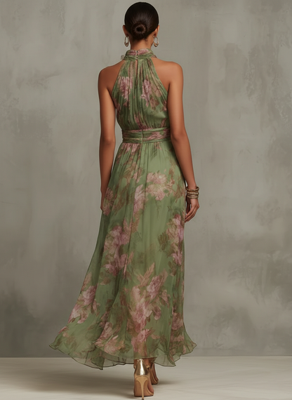 Serena™ | Vestido largo verde floral en chifón con escote halter