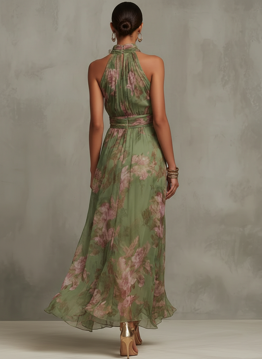 Serena™ | Vestido largo verde floral en chifón con escote halter