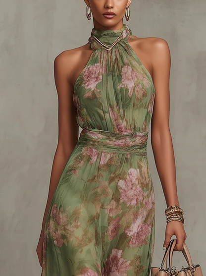 Serena™ | Vestido largo verde floral en chifón con escote halter
