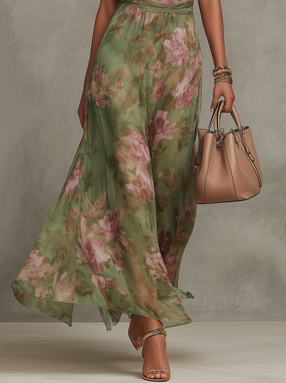 Serena™ | Vestido largo verde floral en chifón con escote halter