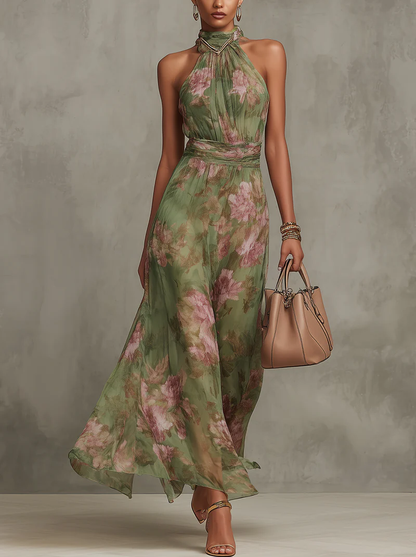 Serena™ | Vestido largo verde floral en chifón con escote halter