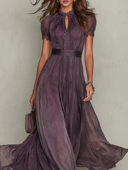Flavia™ | Vestido largo morado con escote en gota y borde de encaje de chifón