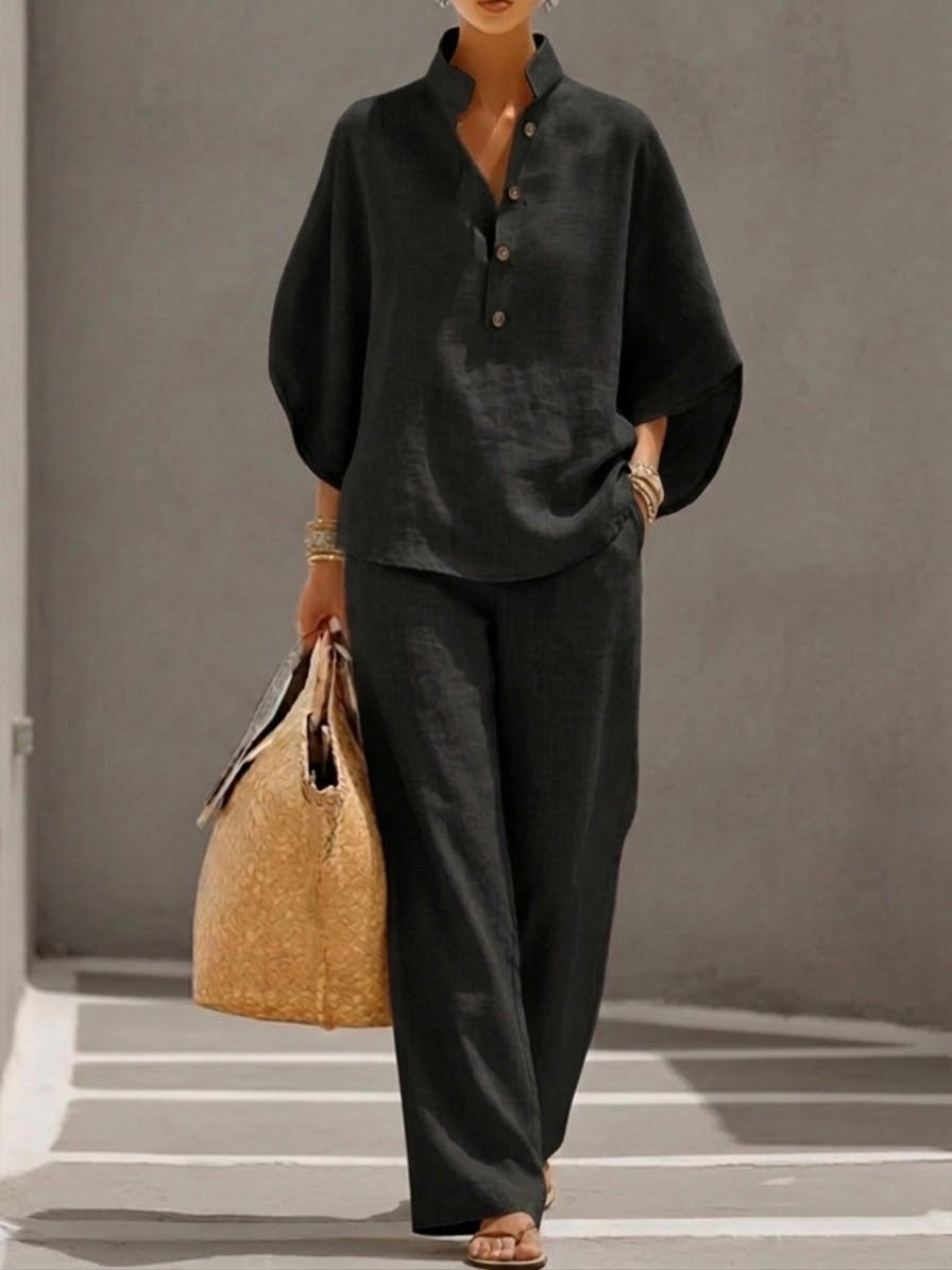 Mariel™ | Conjunto de lino con mangas de murciélago y pantalón de pierna ancha