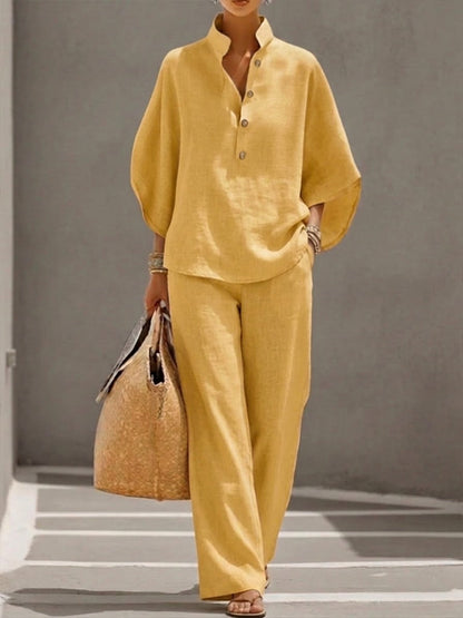 Mariel™ | Conjunto de lino con mangas de murciélago y pantalón de pierna ancha