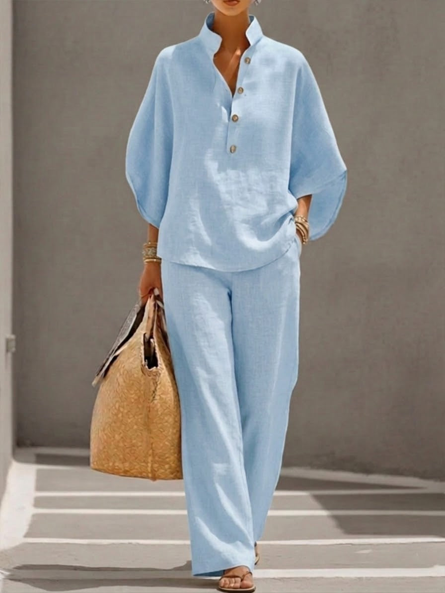 Mariel™ | Conjunto de lino con mangas de murciélago y pantalón de pierna ancha