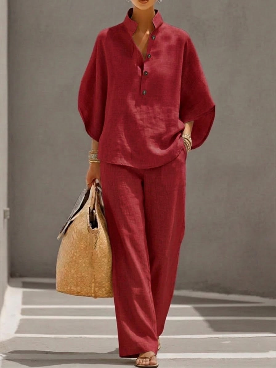 Mariel™ | Conjunto de lino con mangas de murciélago y pantalón de pierna ancha