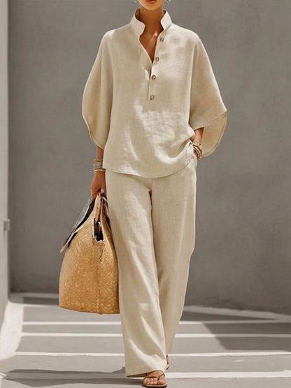Mariel™ | Conjunto de lino con mangas de murciélago y pantalón de pierna ancha