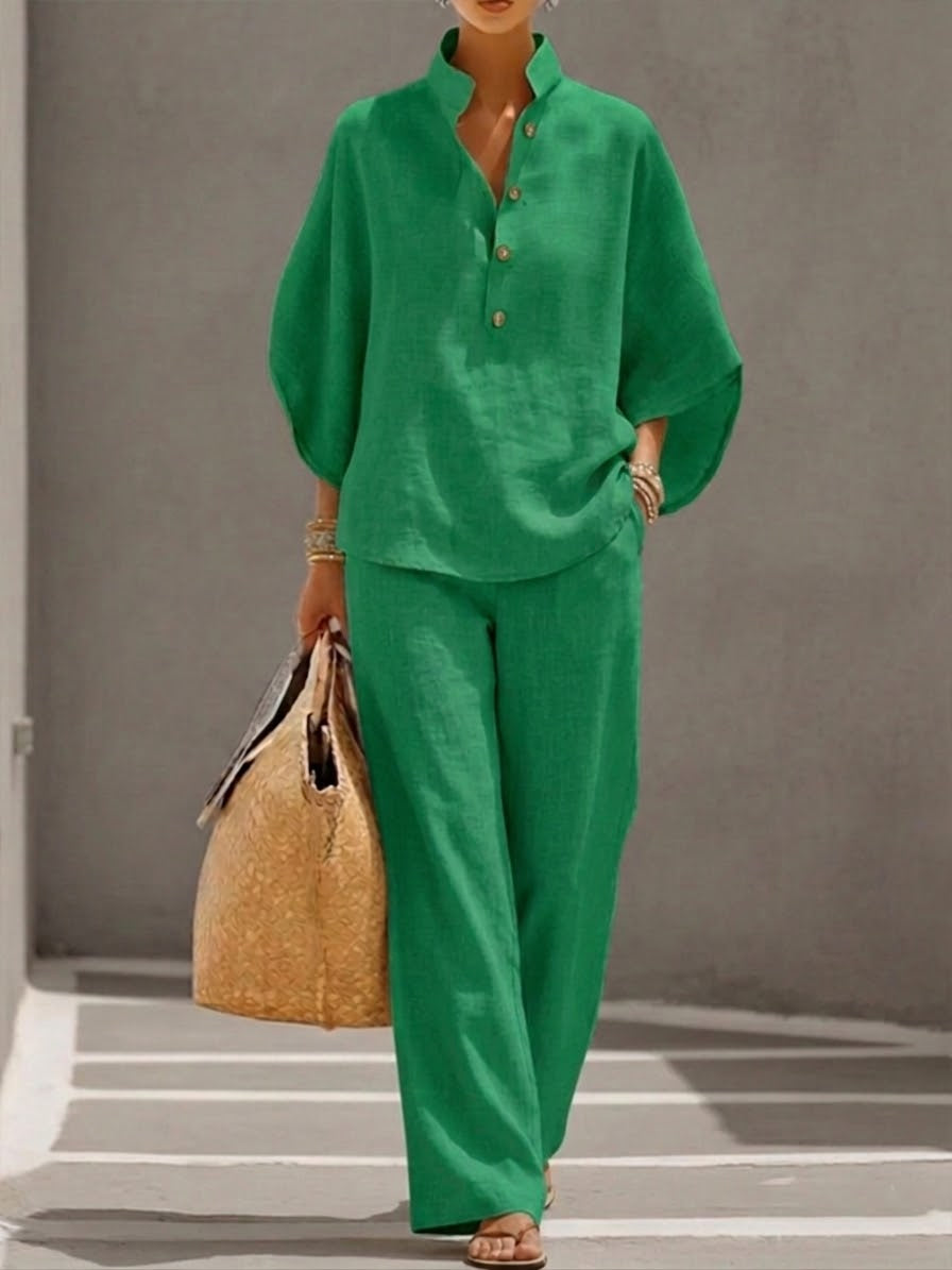 Mariel™ | Conjunto de lino con mangas de murciélago y pantalón de pierna ancha
