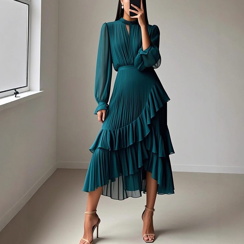Olga™ | Elegante vestido midi plisado con volantes